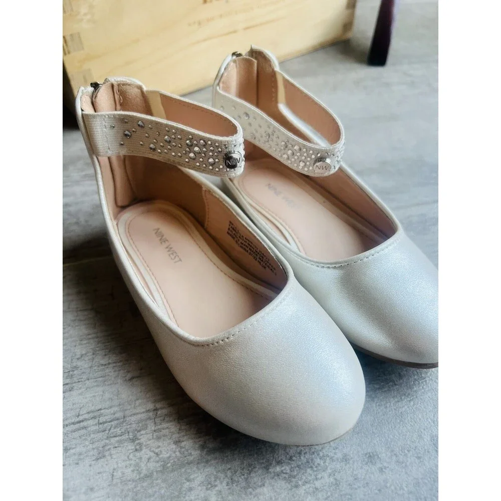 NINE WEST Toddler Girls LIL ELLE Ballet Flat White Metallic Peal Rhinestone 9